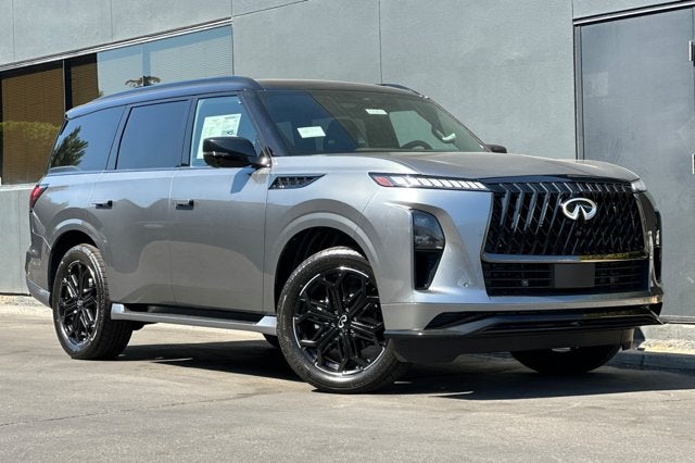 2027 INFINITI QX80 SPORT in Dynamic Metal/Black Obsidian — front three-quarter view