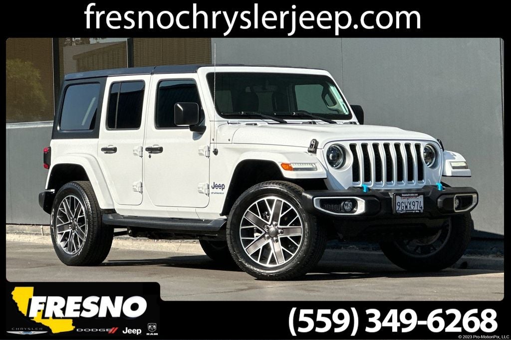2023 Jeep Wrangler Sahara 4xe in Bright White Clearcoat — front three-quarter view